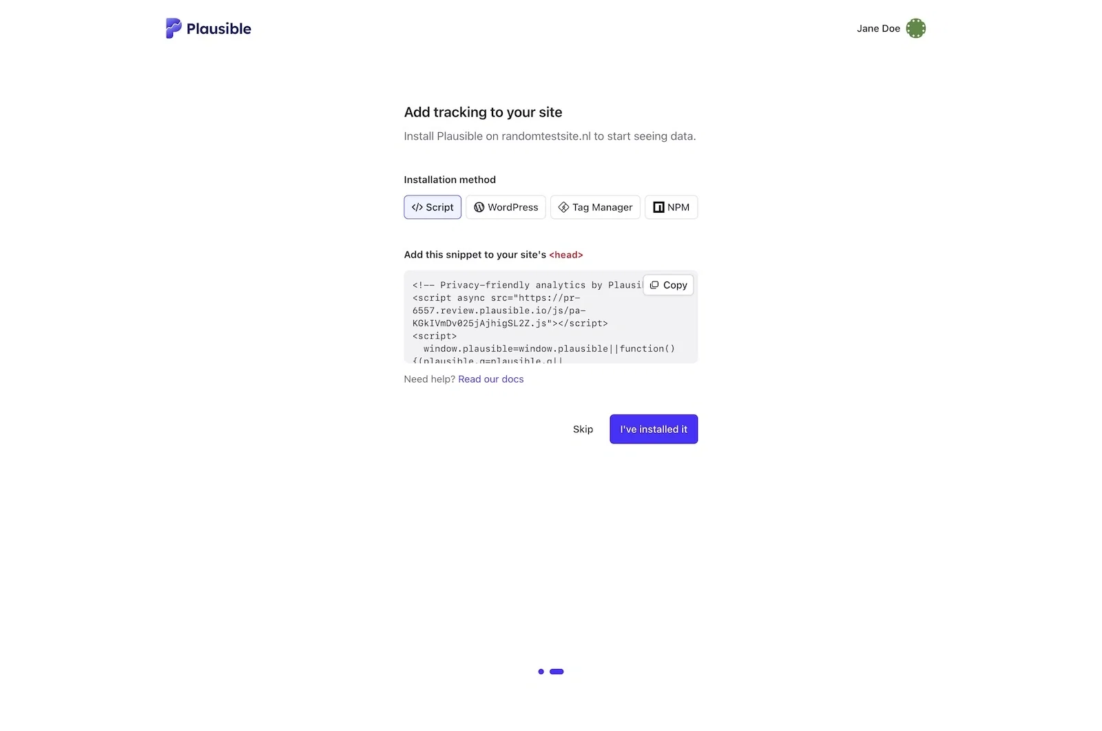 Review your Plausible installation and copy the tracking snippet