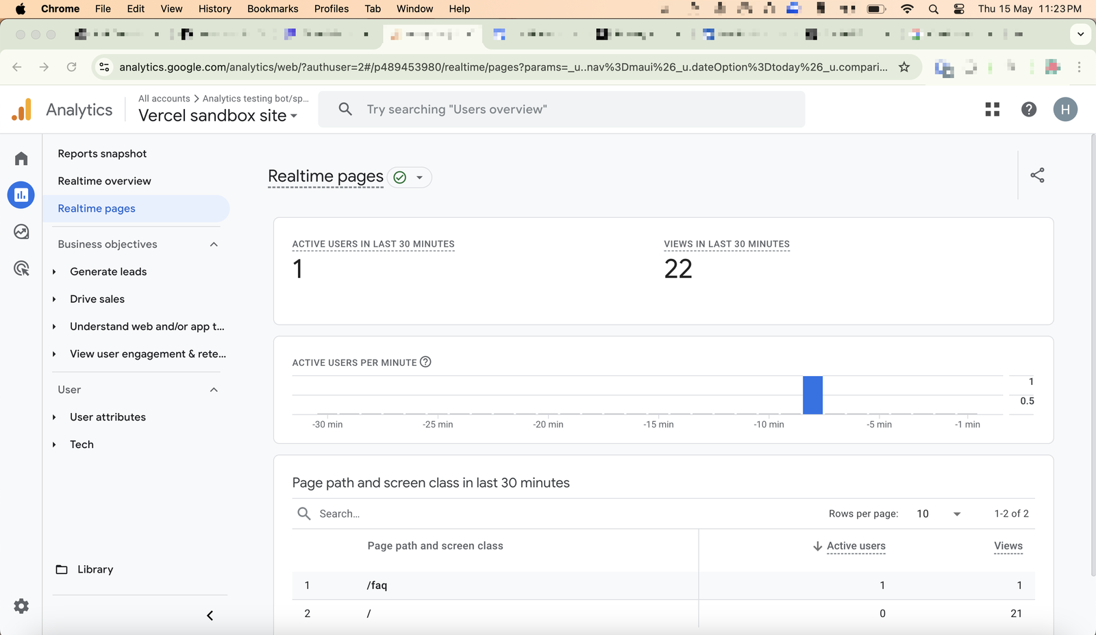 GA real time dashboard showing bot traffic as real traffic